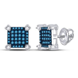 10kt White Gold Womens Round Blue Color Enhanced Diamond Square Cluster Earrings 1/4 Cttw