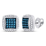 10kt White Gold Womens Round Blue Color Enhanced Diamond Square Cluster Earrings 1/3 Cttw