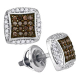 10kt White Gold Womens Round Brown Diamond Square Cluster Earrings 1/3 Cttw