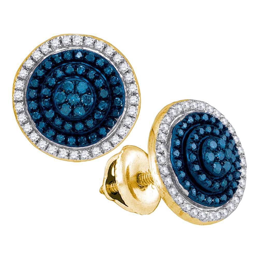 10kt Yellow Gold Womens Round Blue Color Enhanced Diamond Cluster Earrings 1/2 Cttw