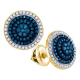 10kt Yellow Gold Womens Round Blue Color Enhanced Diamond Cluster Earrings 1/2 Cttw