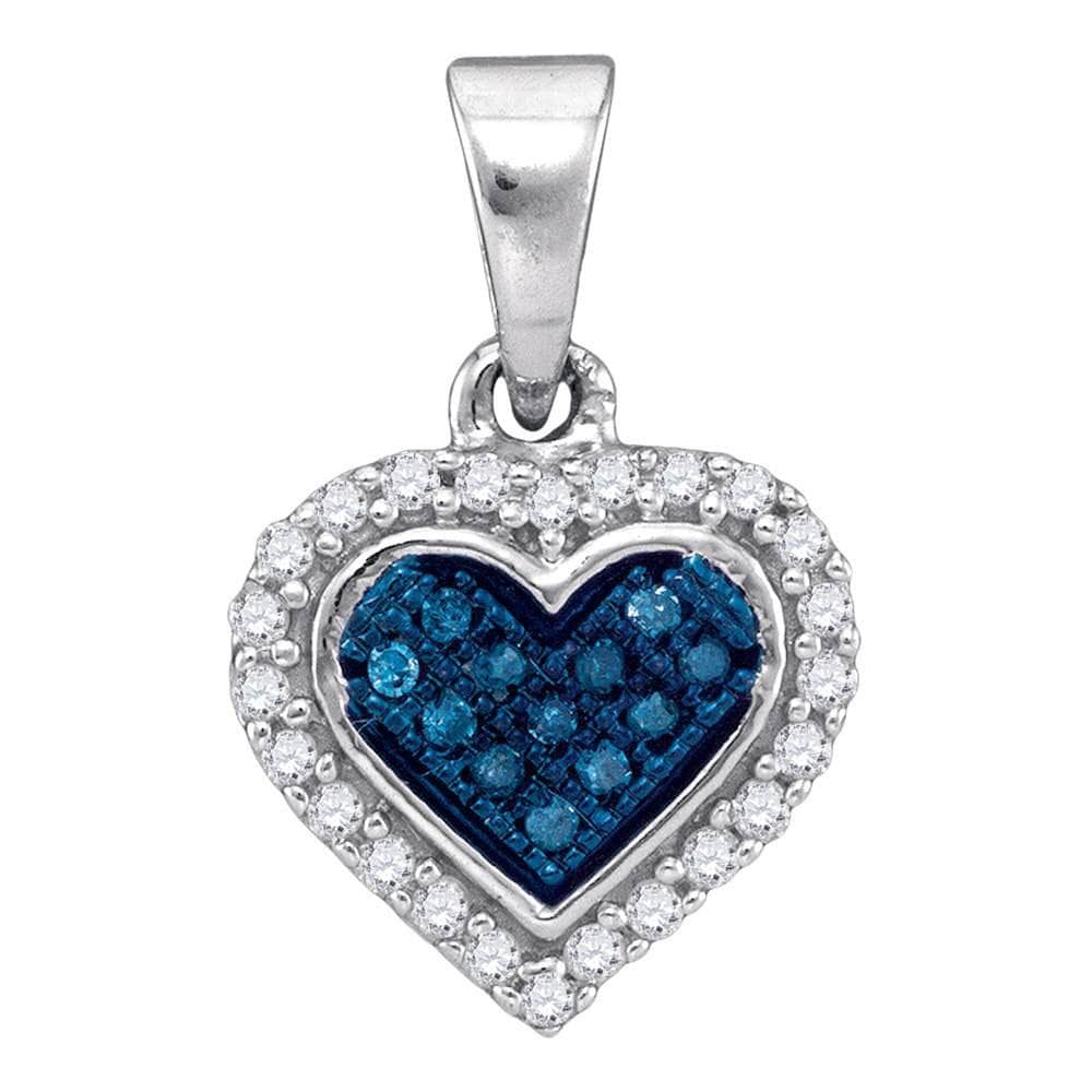 10kt White Gold Womens Round Blue Color Enhanced Diamond Cluster Small Heart Pendant 1/8 Cttw