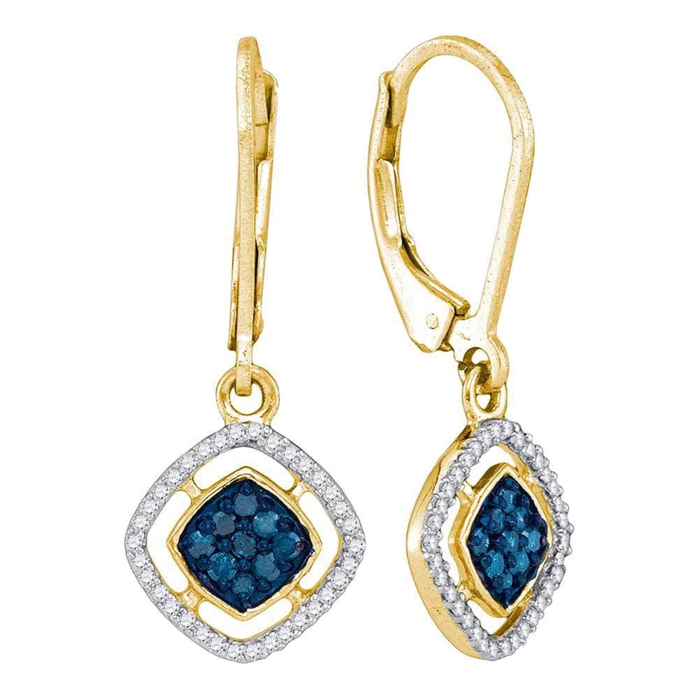 10kt Yellow Gold Womens Round Blue Color Enhanced Diamond Dangle Earrings 1/3 Cttw