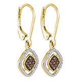10kt Yellow Gold Womens Round Brown Diamond Diagonal Square Dangle Earrings 1/3 Cttw