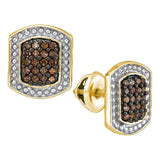 10kt Yellow Gold Womens Round Brown Color Enhanced Natural Diamond Cluster Earrings 1/3 Cttw