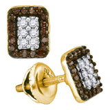 10kt Yellow Gold Womens Round Brown Diamond Rectangle Cluster Earrings 1/3 Cttw