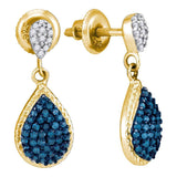 10kt Yellow Gold Womens Round Blue Color Enhanced Diamond Teardrop Dangle Earrings 1/2 Cttw