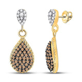 10kt Yellow Gold Womens Round Brown Diamond Teardrop Dangle Earrings 1/2 Cttw
