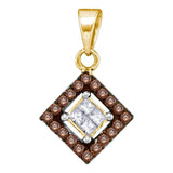 10kt Yellow Gold Womens Round Cognac-brown Color Enhanced Diamond Diagonal Square Pendant 1/3 Cttw