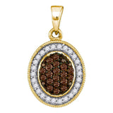 10kt Yellow Gold Womens Round Cognac-brown Color Enhanced Diamond Oval Frame Cluster Pendant 1/3 Cttw