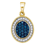 10kt Yellow Gold Womens Round Blue Color Enhanced Diamond Oval Frame Cluster Pendant 1/3 Cttw