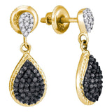 10kt Yellow Gold Womens Round Black Color Enhanced Diamond Teardrop Cluster Dangle Earrings 1/2 Cttw