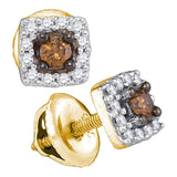 10kt Yellow Gold Womens Round Brown Diamond Square Earrings 1/4 Cttw