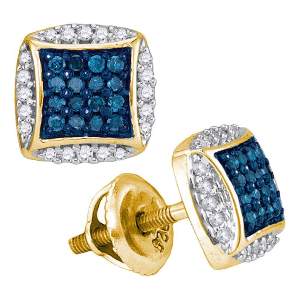 10kt Yellow Gold Womens Round Blue Color Enhanced Diamond Square Cluster Earrings 1/3 Cttw