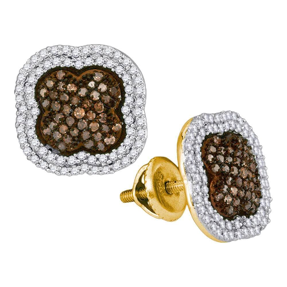 10kt Yellow Gold Womens Round Brown Color Enhanced Diamond Quatrefoil Cluster Earrings 3/4 Cttw