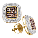 10kt Yellow Gold Womens Round Brown Diamond Square Cluster Earrings 1/2 Cttw