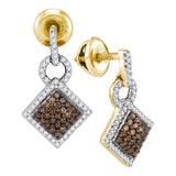 10kt Yellow Gold Womens Round Brown Diamond Diagonal Square Dangle Earrings 1/2 Cttw
