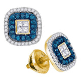 10kt Yellow Gold Womens Round Blue Color Enhanced Diamond Square Cluster Earrings 1/2 Cttw
