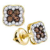 10kt Yellow Gold Womens Round Cognac-brown Color Enhanced Diamond Square Cluster Earrings 1/2 Cttw