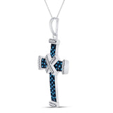 Sterling Silver Womens Round Blue Color Enhanced Diamond Bound Roman Cross Pendant 1/4 Cttw