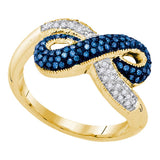 10kt Yellow Gold Womens Round Blue Color Enhanced Diamond Infinity Ring 1/3 Cttw