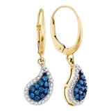 10kt Yellow Gold Womens Round Blue Color Enhanced Diamond Teardrop Dangle Earrings 5/8 Cttw