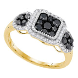 10kt Yellow Gold Womens Round Black Color Enhanced Diamond Square Cluster Ring 3/4 Cttw