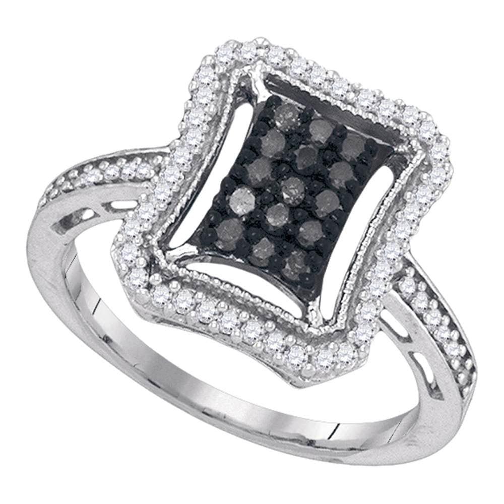 10kt White Gold Womens Round Black Color Enhanced Diamond Rectangle Cluster Ring 1/2 Cttw