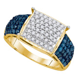 10kt Yellow Gold Womens Round Blue Color Enhanced Diamond Rectangle Cluster Ring 1.00 Cttw