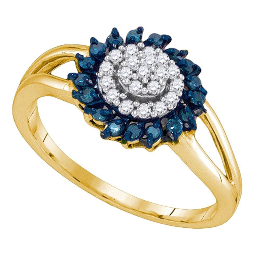 10kt Yellow Gold Womens Round Blue Color Enhanced Diamond Circle Frame Cluster Ring 1/4 Cttw