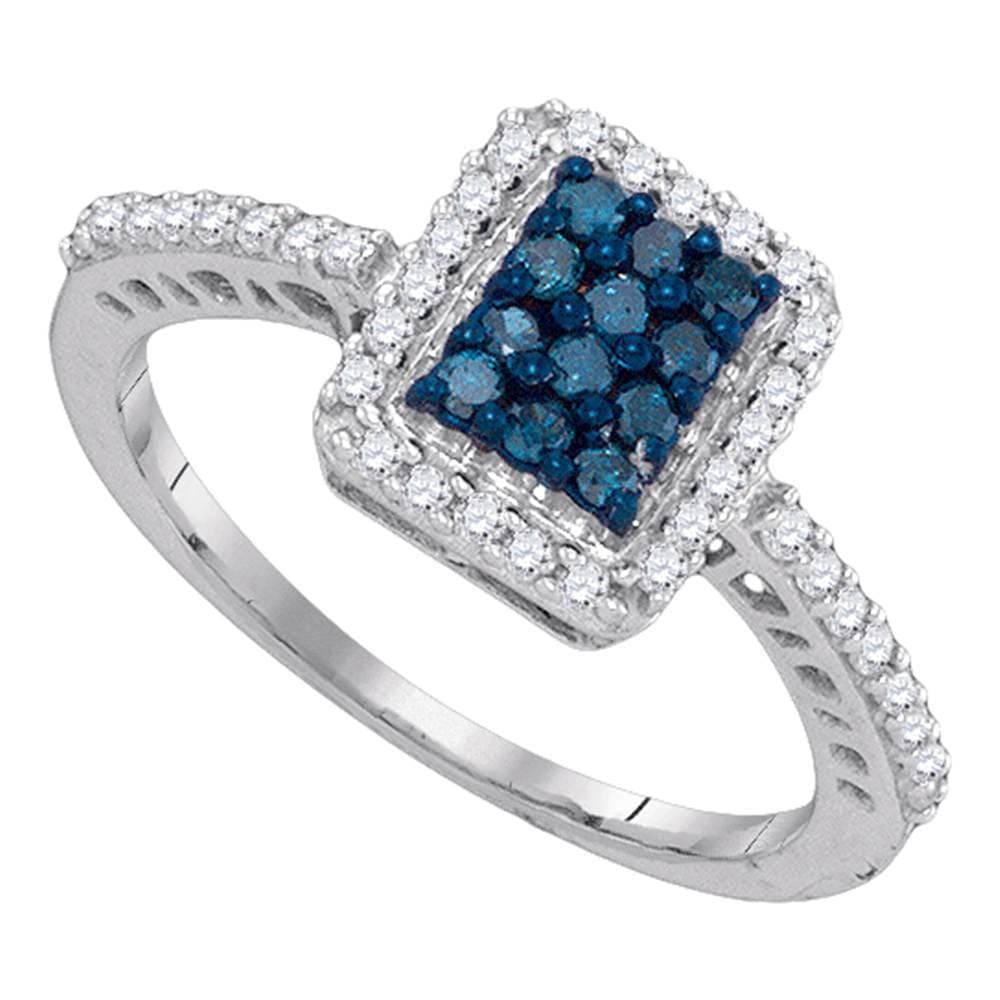 10kt White Gold Womens Round Blue Color Enhanced Diamond Rectangle Cluster Ring 3/8 Cttw