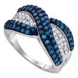 10kt White Gold Womens Round Blue Color Enhanced Diamond Crossover Twist Band 1.00 Cttw