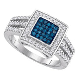 10kt White Gold Womens Round Blue Color Enhanced Diamond Square Cluster Open Shank Ring 1/2 Cttw