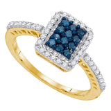 10kt Yellow Gold Womens Round Blue Color Enhanced Diamond Rectangle Cluster Ring 3/8 Cttw