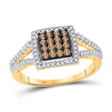 10kt Yellow Gold Womens Round Brown Diamond Square Cluster Ring 1/2 Cttw