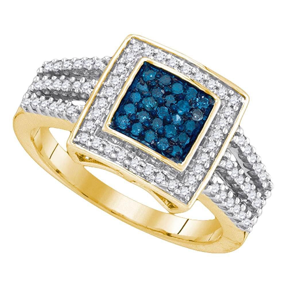 10kt Yellow Gold Womens Round Blue Color Enhanced Diamond Square Ring 1/2 Cttw