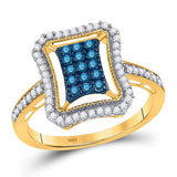 10kt Yellow Gold Womens Round Blue Color Enhanced Diamond Indented Rectangle Cluster Ring 1/2 Cttw