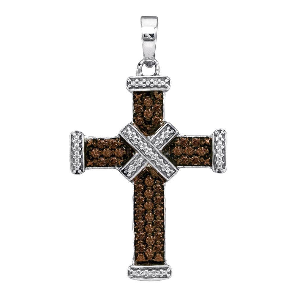 Sterling Silver Womens Round Brown Diamond Cross Pendant 1/4 Cttw