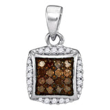 Sterling Silver Womens Round Brown Diamond Square Cluster Pendant 1/4 Cttw