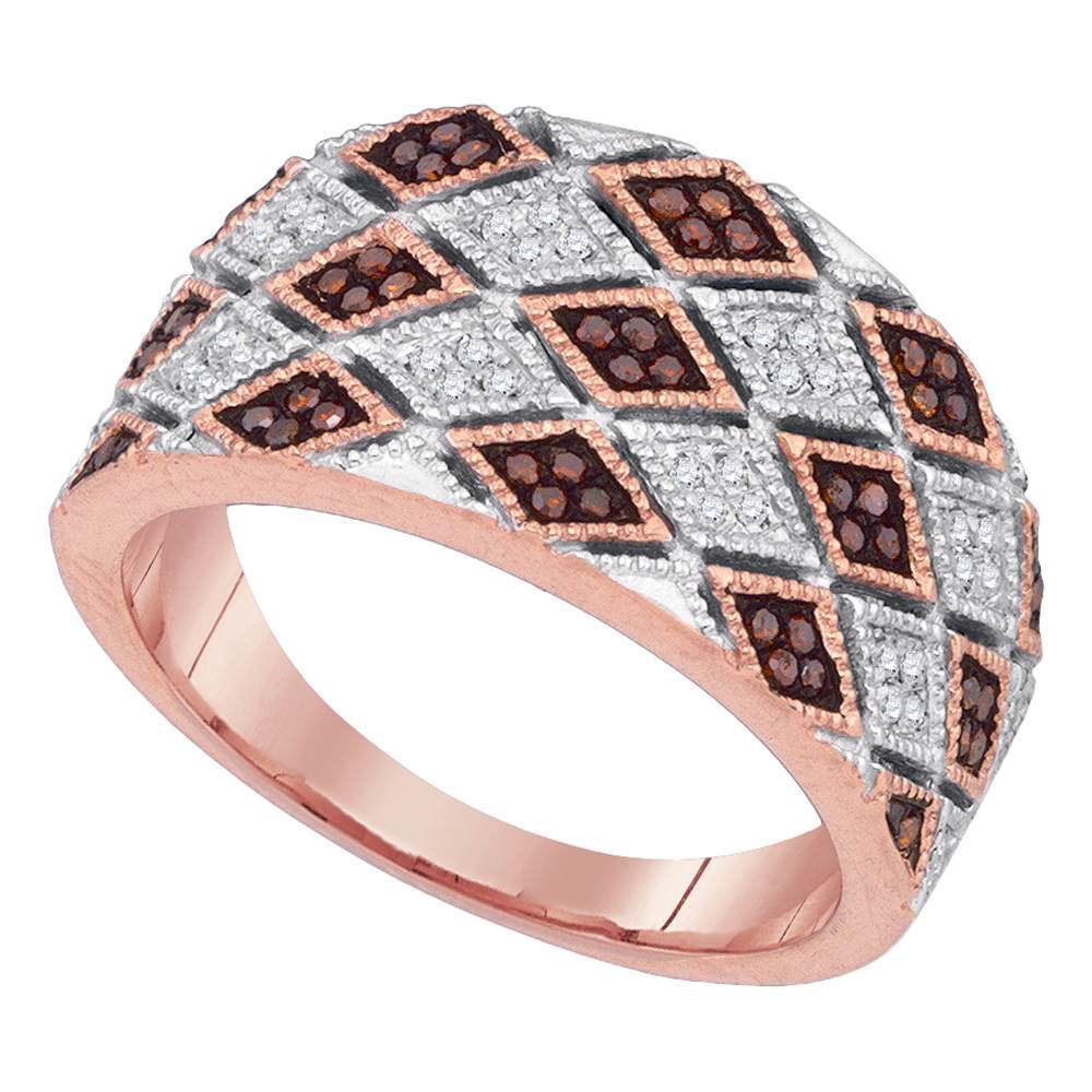 10kt Rose Gold Womens Round Red Color Enhanced Diamond Diagonal Square Ring 1/5 Cttw