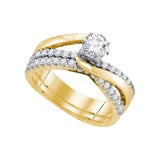 14kt Yellow Gold Round Diamond Elevated Bridal Wedding Ring Band Set 1 Cttw
