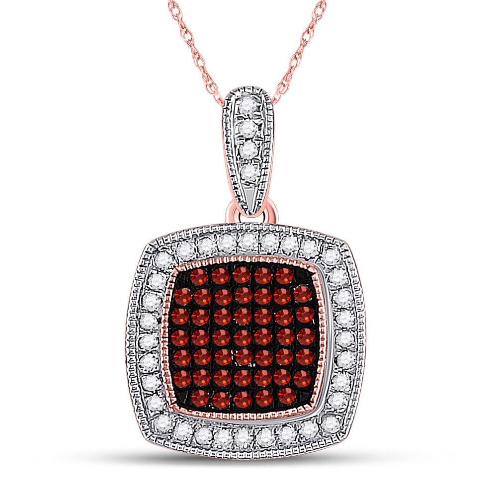 10kt Rose Gold Womens Round Red Color Enhanced Diamond Square Cluster Pendant 1/5 Cttw