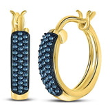 10kt Yellow Gold Womens Round Blue Color Enhanced Diamond Huggie Earrings 1/10 Cttw