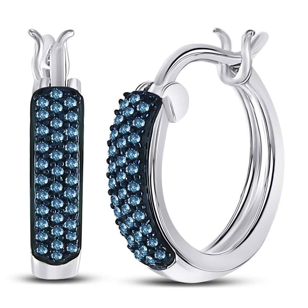 10kt White Gold Womens Round Blue Color Enhanced Diamond Huggie Earrings 1/10 Cttw