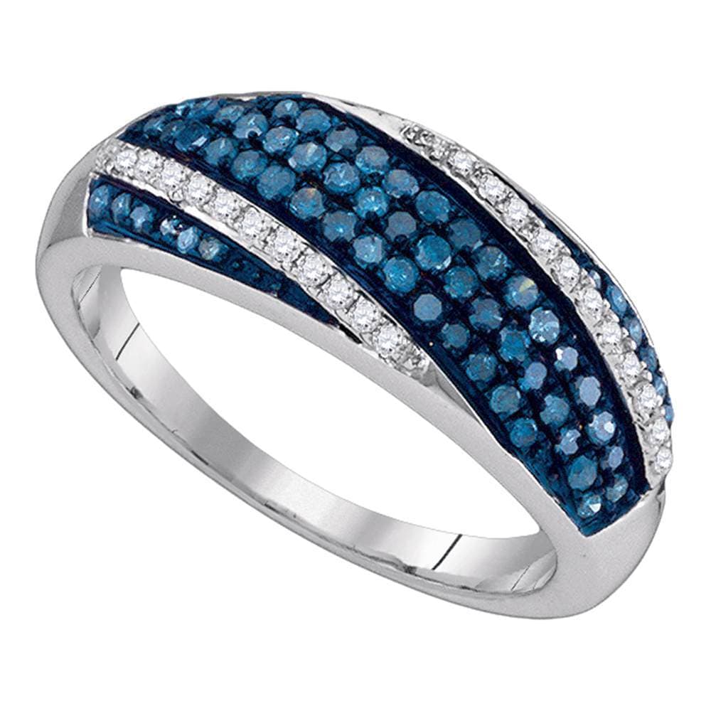 Sterling Silver Womens Round Blue Color Enhanced Diamond Diagonal Stripe Band 3/8 Cttw
