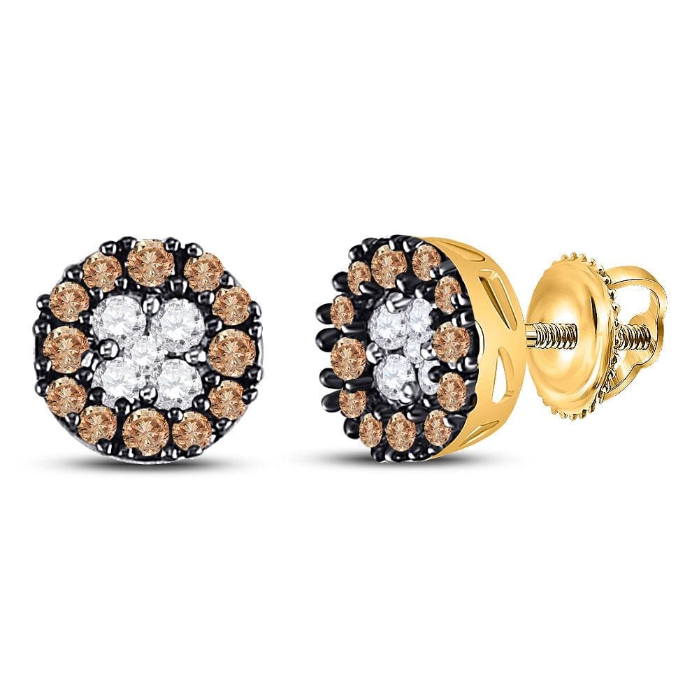 10kt Yellow Gold Womens Round Brown Diamond Cluster Earrings 1/3 Cttw