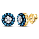 10k Yellow Gold Blue Color Enhanced Round Cluster Diamond Womens Stud Earrings 1/3 Cttw