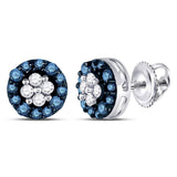 10kt White Gold Womens Round Blue Color Enhanced Diamond Cluster Earrings 1/3 Cttw