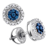 10kt White Gold Womens Round Blue Color Enhanced Diamond Circle Cluster Earrings 1/4 Cttw