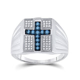 Sterling Silver Mens Round Blue Color Enhanced Diamond Cross Religious Ring 1/2 Cttw